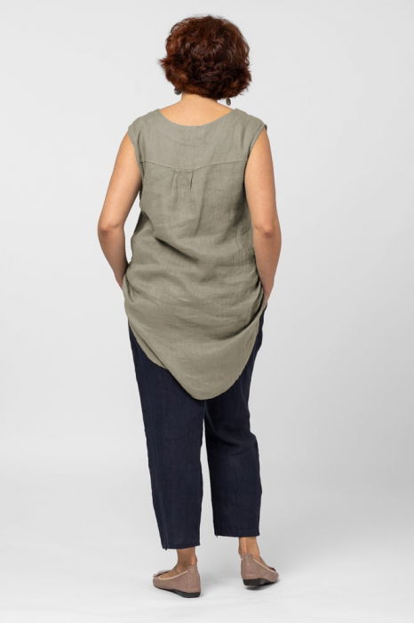 Bluza fara maneci din in cu nasture metalic decorativ, bej inchis [3]