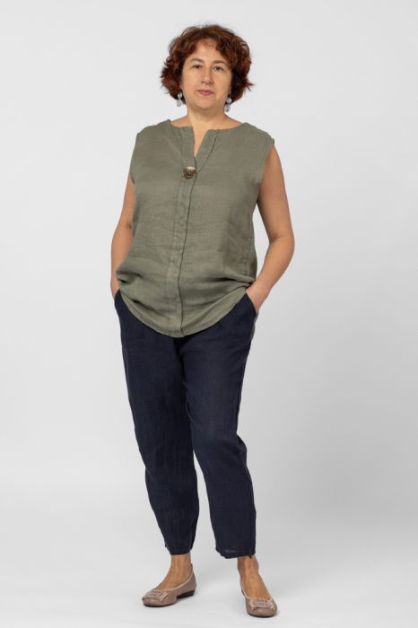 Bluza fara maneci din in cu nasture metalic decorativ, kaki [6]