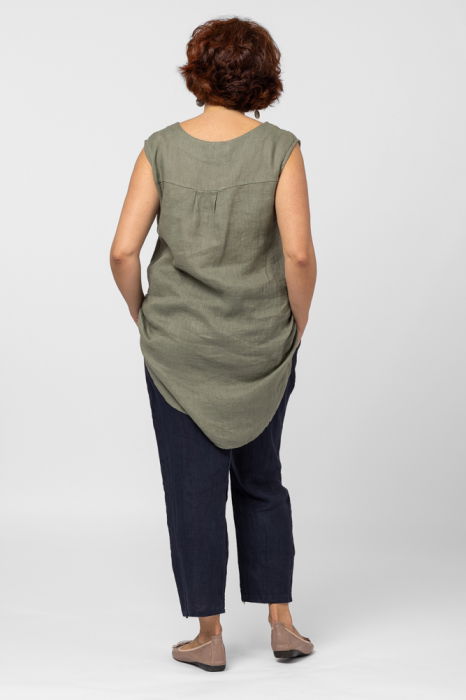 Bluza fara maneci din in cu nasture metalic decorativ, kaki [8]