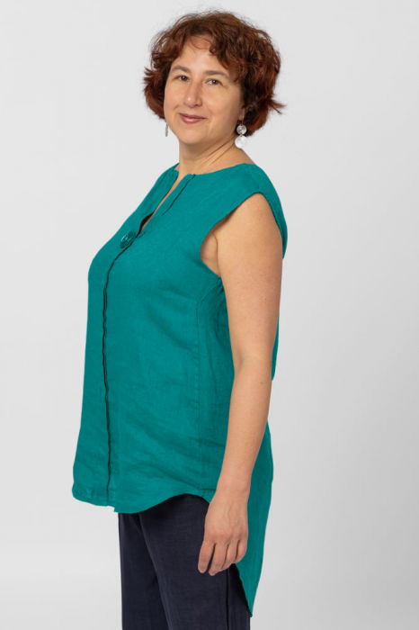 Bluza fara maneci din in cu nasture metalic decorativ, turcoaz [2]