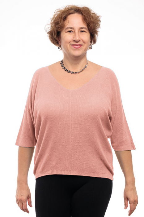 Bluza fin tricotata bob de orez, cu maneca fluture 3 4, roz pastel