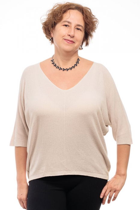 Bluza fin tricotata bob de orez, cu maneca fluture 3 4, bej