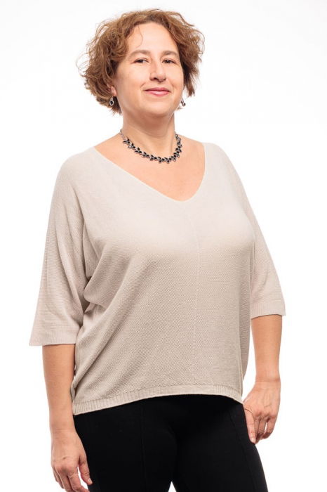 Bluza fin tricotata bob de orez, cu maneca fluture 3/4, bej inchis [2]