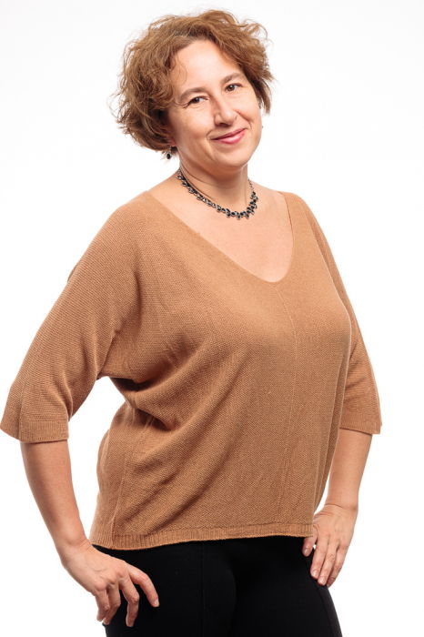 Bluza fin tricotata bob de orez, cu maneca fluture 3 4, camel