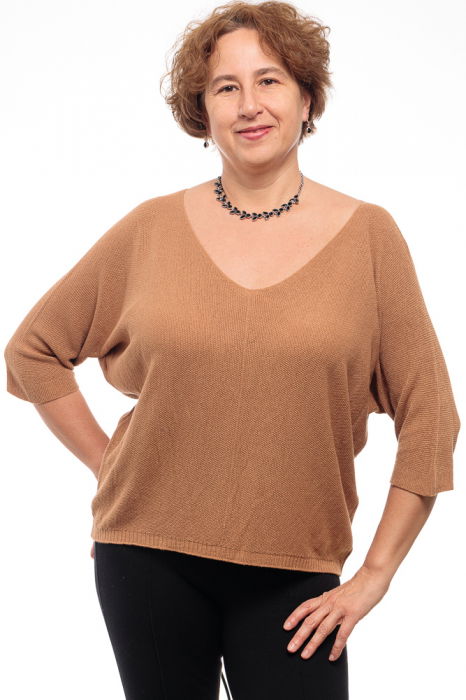 Bluza fin tricotata bob de orez, cu maneca fluture 3/4, camel [3]