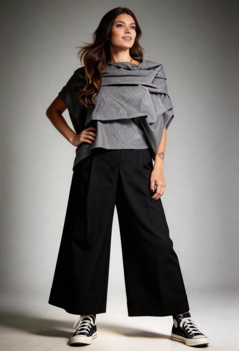 Bluza gri asimetrica statement cu volum arhitectural – Design modern [4]