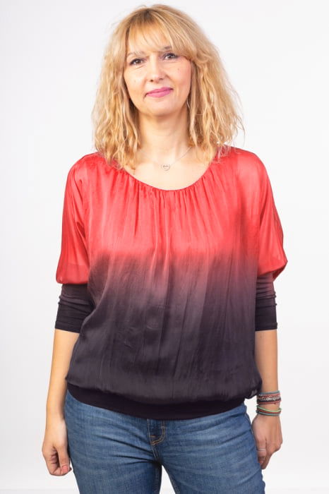 Bluza in degrade din matase si vascoza cu maneca lunga fluture si elastic la poale - corai & bleumarin [1]