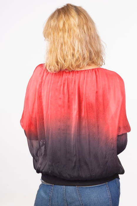 Bluza in degrade din matase si vascoza cu maneca lunga fluture si elastic la poale - corai & bleumarin [2]