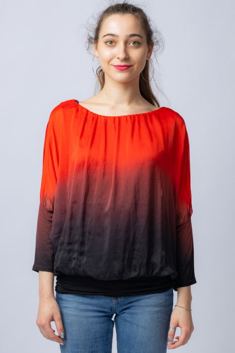 Bluza in degrade din matase si vascoza cu maneca lunga fluture si elastic la poale rosu & negru [1]