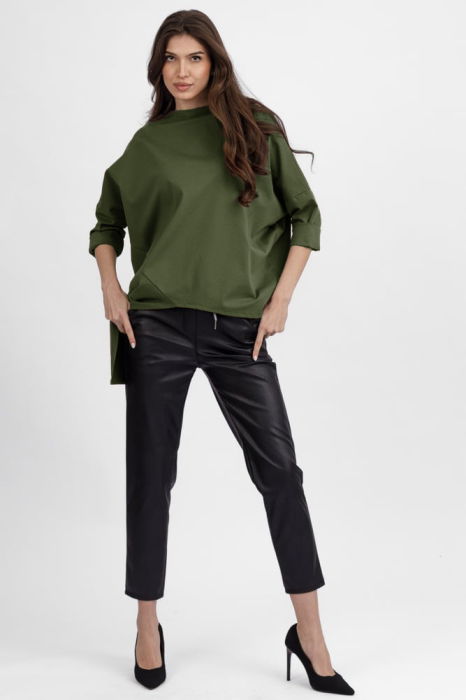 Bluza kaki din jerseu bumbac, cu un colt lateral