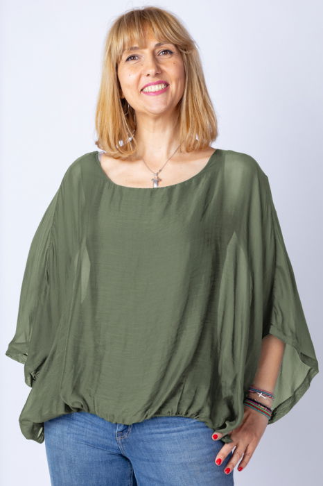 Bluza kaki militar din matase si vascoza cu maneca fluture [2]