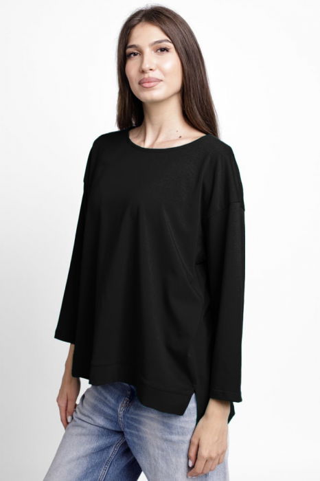 Bluza larga, dreapta, cu despicaturi laterale, din tricot de bumbac, neagra [2]