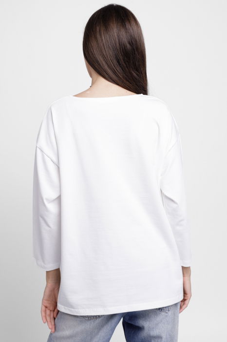 Bluza larga, dreapta, cu despicaturi laterale, din tricot de bumbac, alba [3]
