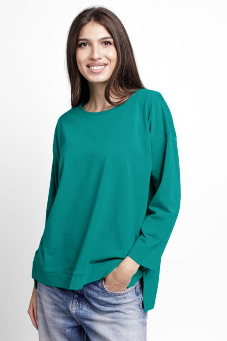 Bluza larga, dreapta, cu despicaturi laterale, din tricot de bumbac, turcoaz [1]