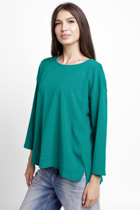 Bluza larga, dreapta, cu despicaturi laterale, din tricot de bumbac, turcoaz [2]