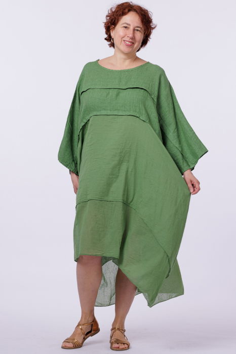 Rochie oversize verde olive, din in si batist de bumbac