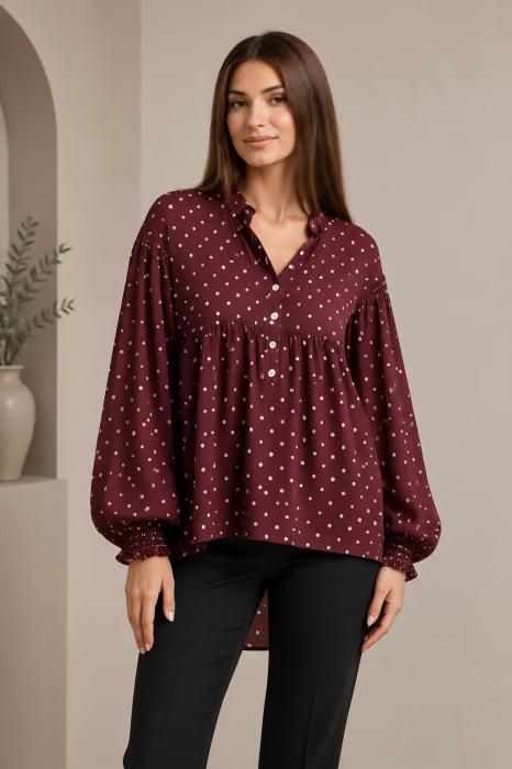 Bluza lejera cu buline albe pe fond bordo din matase cu vascoza
