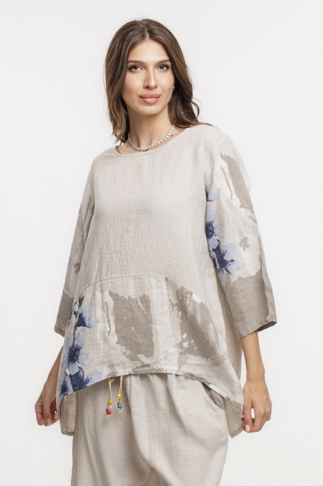 Bluza lejera din in bej cu imprimeu floral pictural [2]