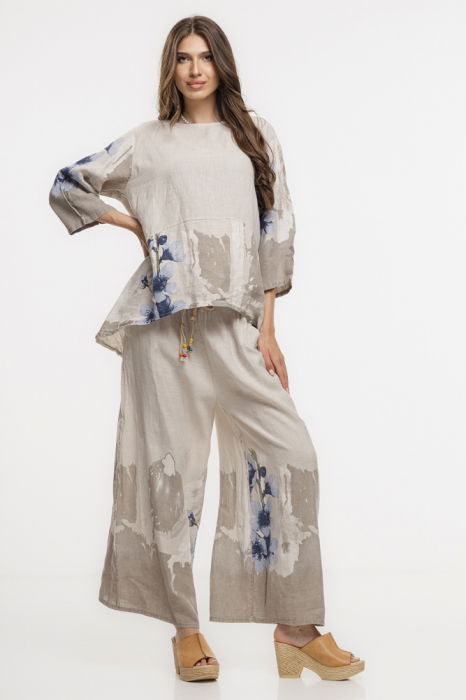 Bluza lejera din in bej cu imprimeu floral pictural [6]