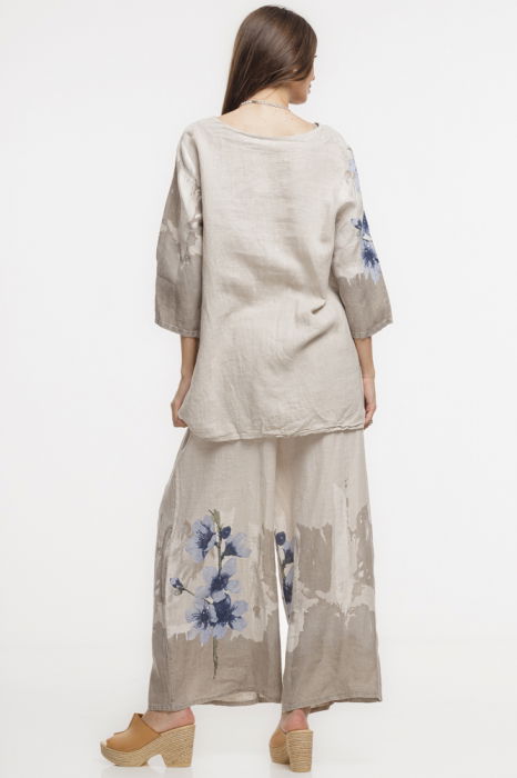 Bluza lejera din in bej cu imprimeu floral pictural [8]