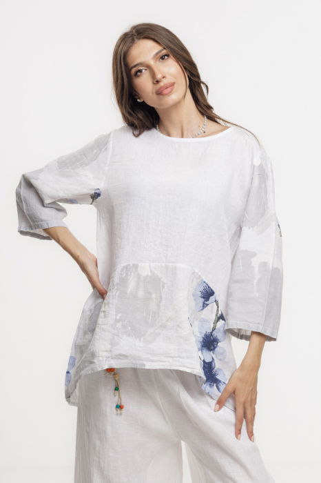Bluza lejera din in alb cu imprimeu floral pictural