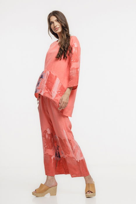 Bluza lejera din in corai cu imprimeu floral pictural [5]