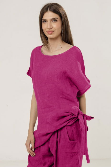 Bluza lunga din in colt si funda, magenta