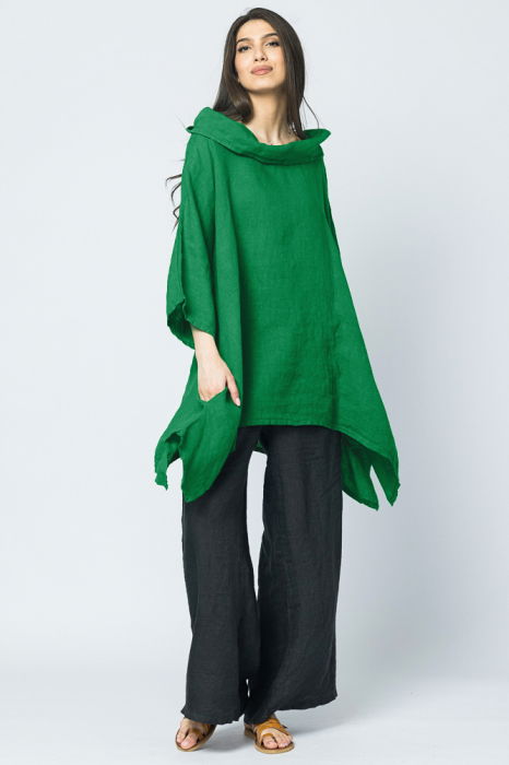 Bluza lunga in colturi, din in, cu gluga, verde