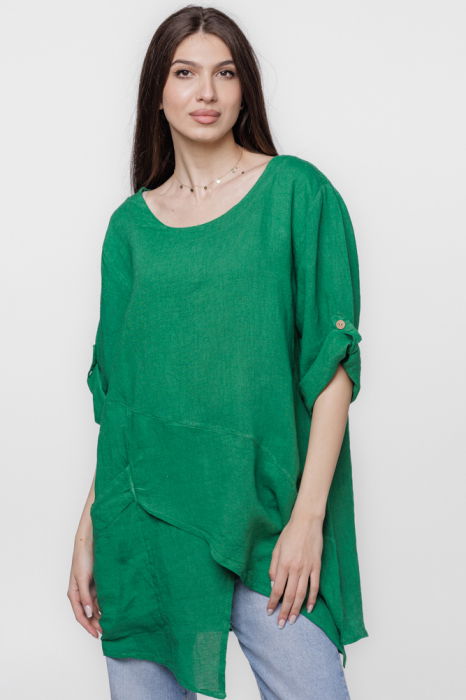 Bluza lunga tunica, in colturi, din in, verde