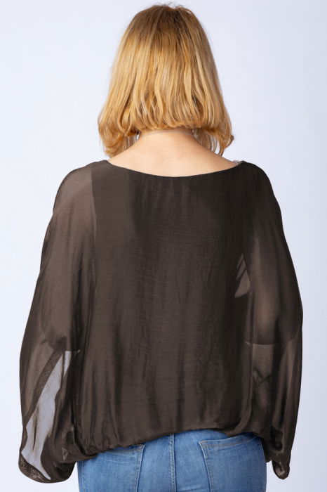 Bluza maron din matase si vascoza cu maneca fluture [3]