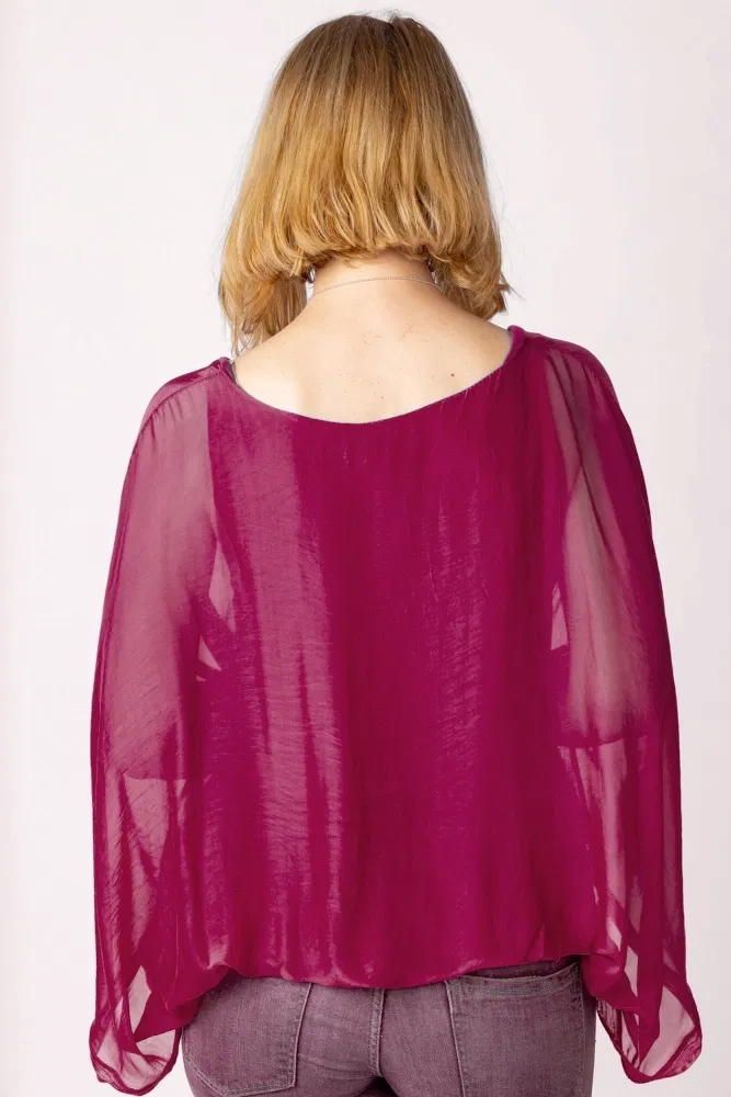 Bluza bordo din matase si vascoza cu maneca fluture [3]