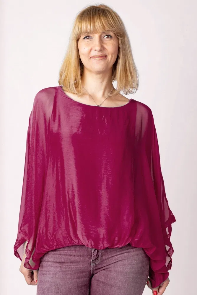Bluza bordo din matase si vascoza cu maneca fluture