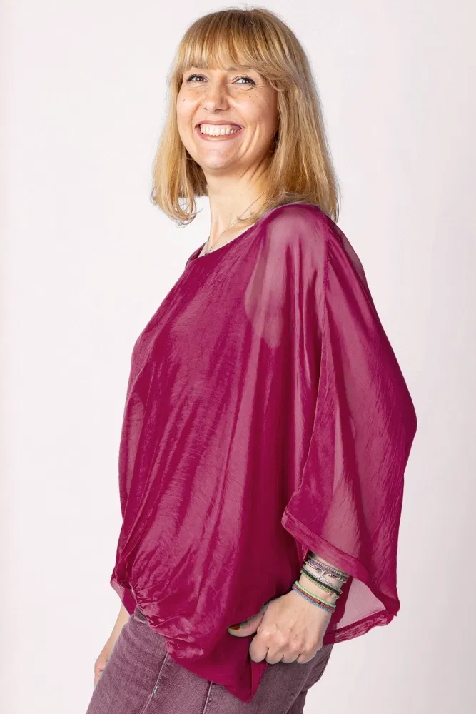 Bluza bordo din matase si vascoza cu maneca fluture [2]