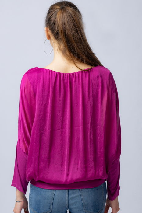 Bluza mov zmeura uni din matase si vascoza, cu maneca lunga fluture si elastic la poale [6]