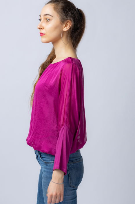 Bluza mov zmeura uni din matase si vascoza, cu maneca lunga fluture si elastic la poale [5]