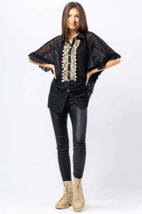 Bluza neagra eleganta din dantela cu aplicatie aurie [1]