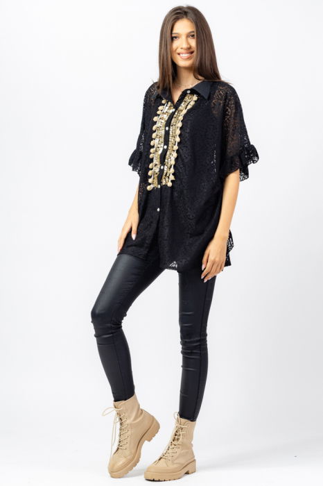 Bluza neagra eleganta din dantela cu aplicatie aurie [2]