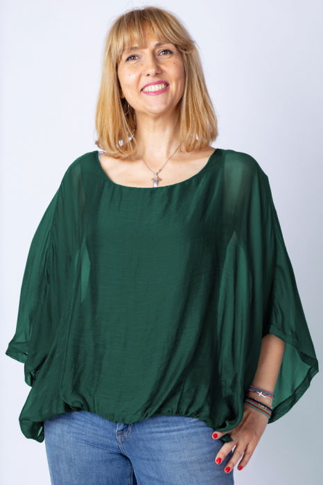 Bluza verde inchis din matase si vascoza cu maneca fluture