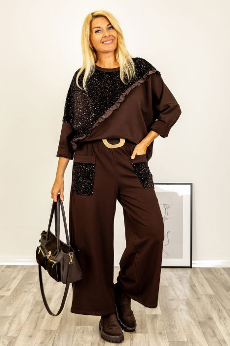 Bluza oversize din tricot cu paiete si volanas din tafta, maro [4]