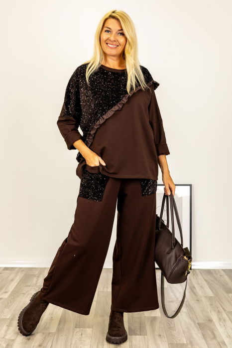 Bluza oversize din tricot cu paiete si volanas din tafta, maro [1]