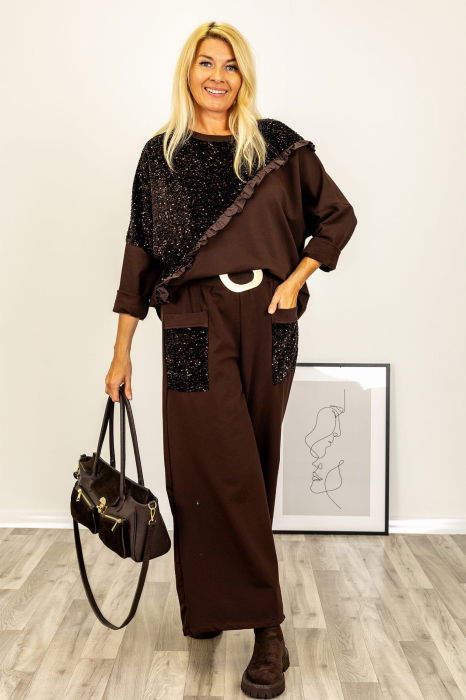 Bluza oversize din tricot cu paiete si volanas din tafta, maro [3]