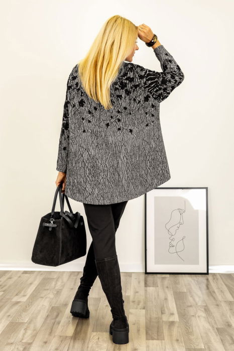 Bluza oversize cu imprimeu artistic si croi lejer asimetric, negru cu gri [3]
