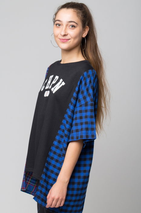 Bluza oversize neagra cu ecosez albastru, din bumbac [2]