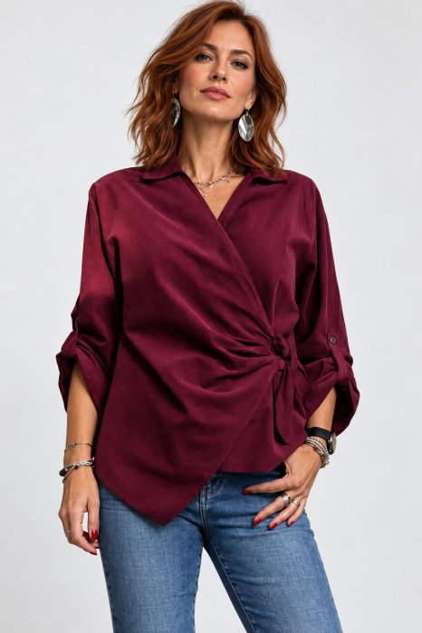 Bluza petrecuta din catifea reiata de bumbac cu drapaj lateral, bordo