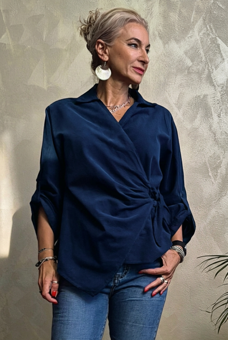 Bluza petrecuta din catifea reiata de bumbac cu drapaj lateral, bleumarin