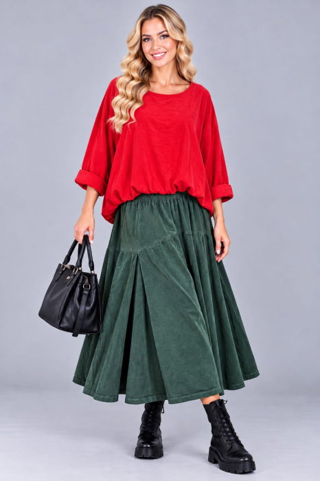 Bluza din catifea reiata fina de bumbac, cu efect bluzat si croi lejer, rosu — Stella Milani, Bluze