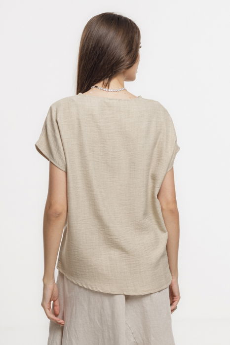 Bluza bej lejera din vascoza cu in, usor creponata, cu maneca cazuta scurta [3]