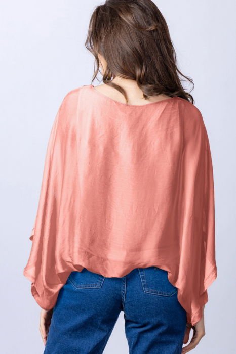 Bluza roz somon din matase si vascoza cu maneca fluture [4]