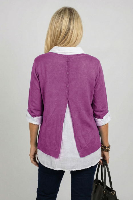 Bluza si camasa trei in unu, cu tricot fin, camasa din bumbac si esarfa cu franjuri dantelati, mov [2]