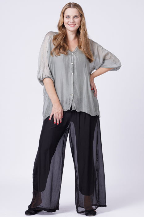 Bluza tip camasa din matase si vascoza kaki, cu elastic la maneci si dublura [5]